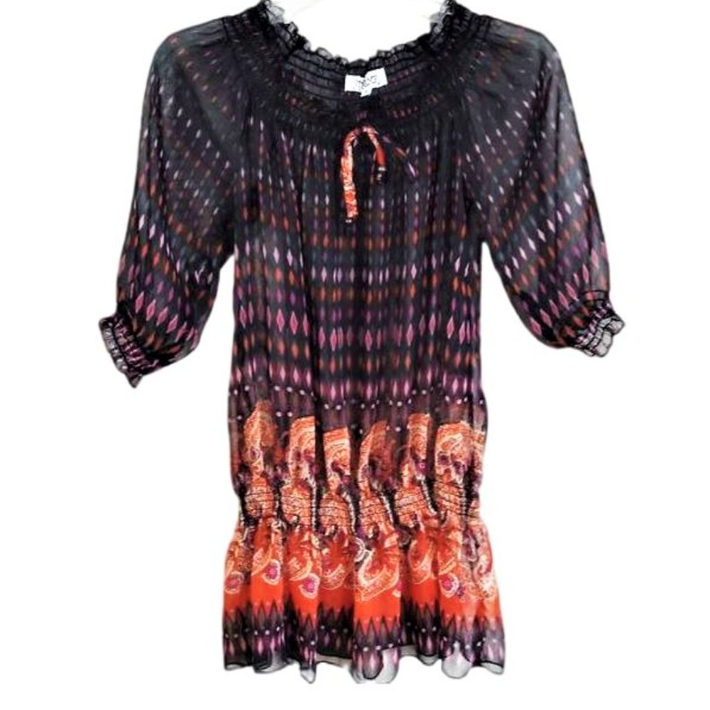Tramp Tunic Smocked Blouse Sheer Smocked Ruffle Peplum L